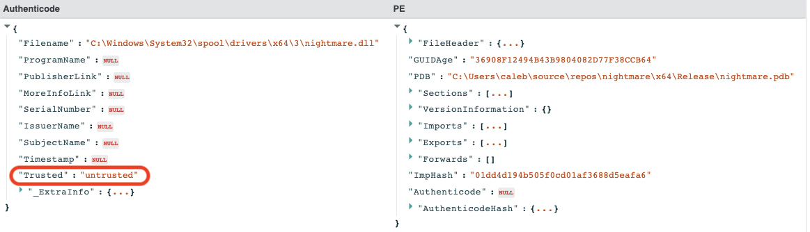 PrintNightmare payload: PE attributes and authenticode