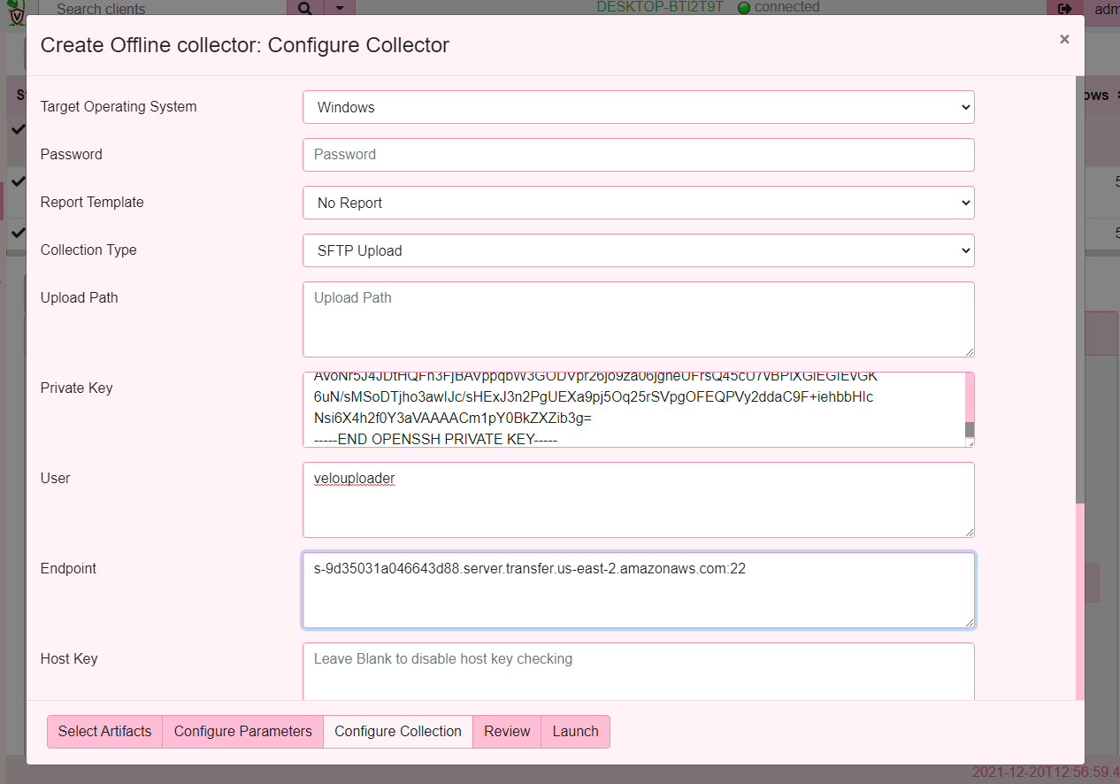 Configuring the offline collector for SFTP uploads