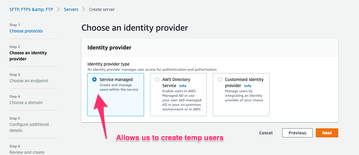 Creating the sftp server - Identity Providers
