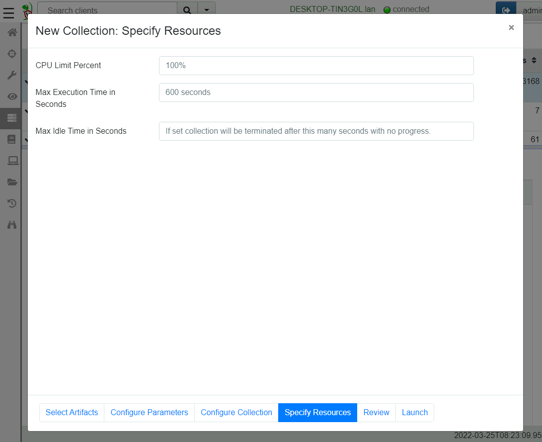 Configuring offline collector resource controls