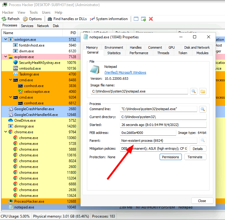 Process Hacker output of our suspicious process