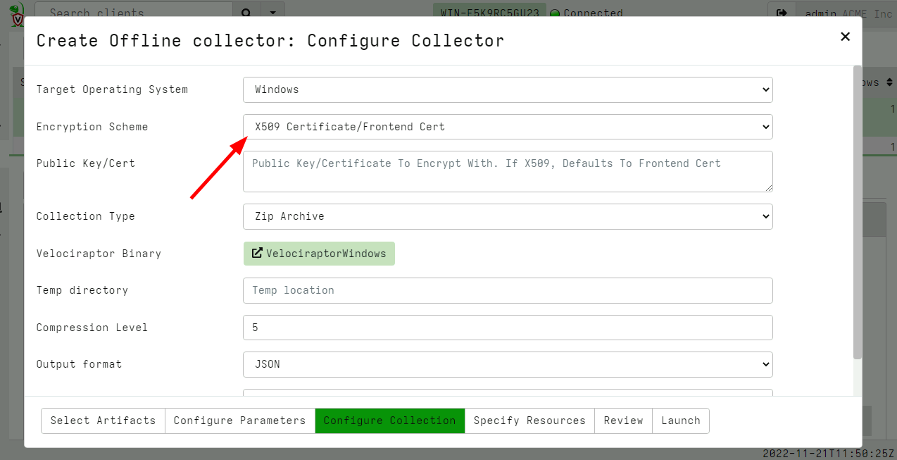Configuring the offline collector for encryption
