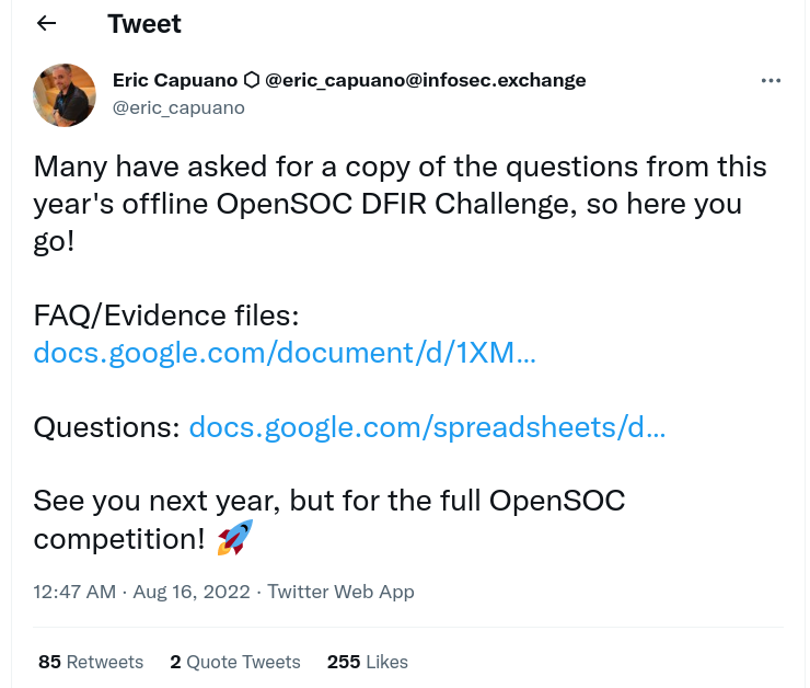 The OpenSoc challenge https://twitter.com/eric_capuano/status/1559190056736378880 