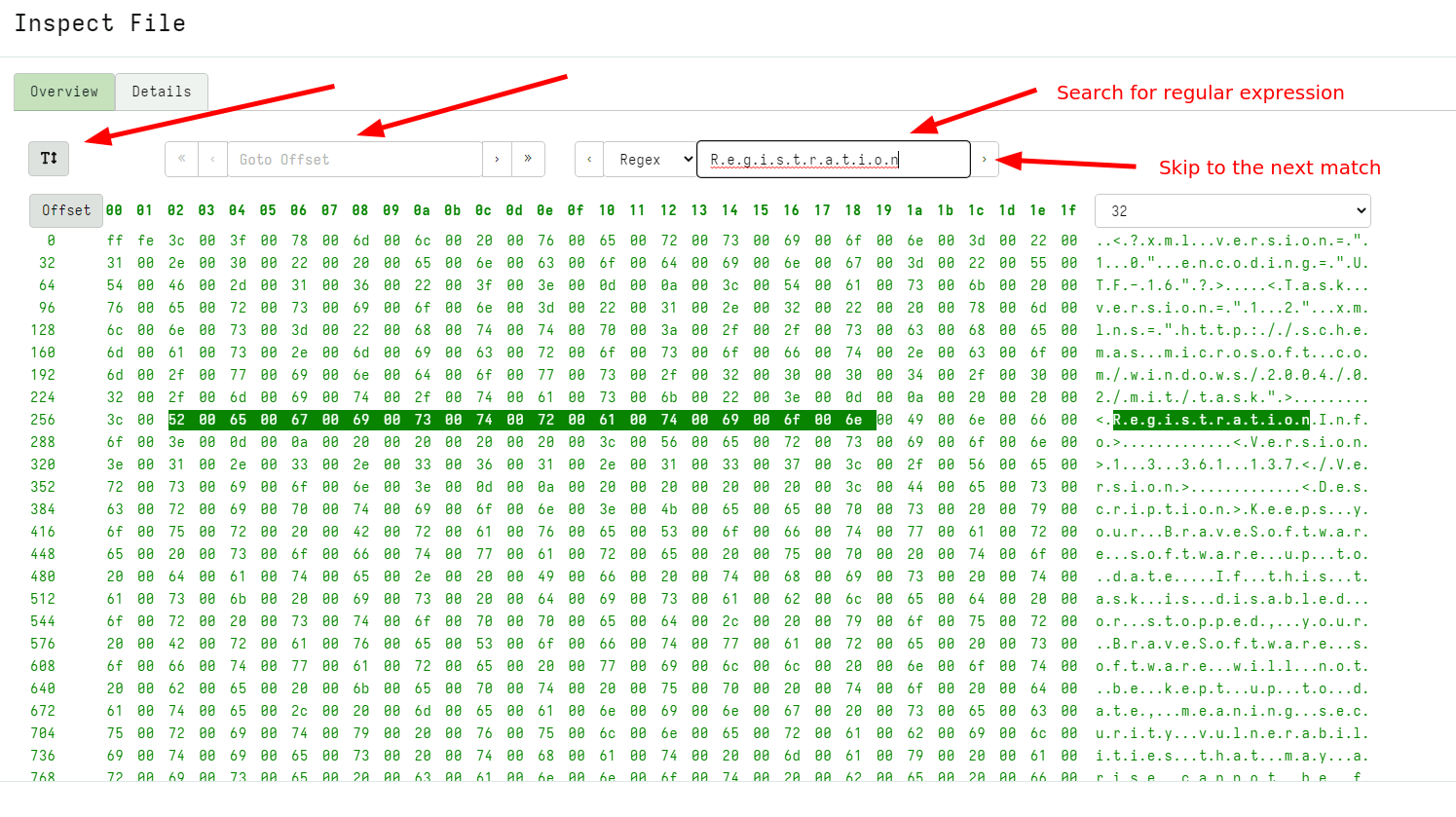 The hex viewer UI can be used to quickly inspect an uploaded file