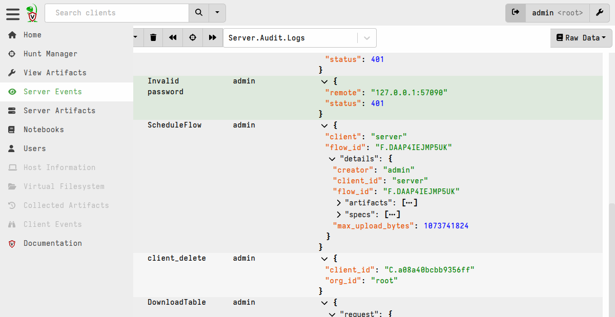 Viewing audit logs via server monitoring