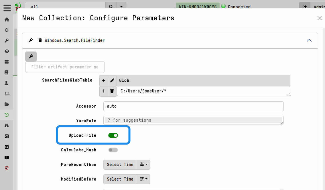 Enabling upload for a FileFinder artifact