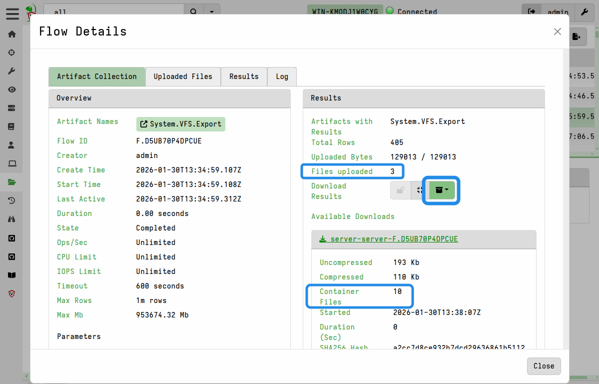 Preparing a collection container zip containing all the files