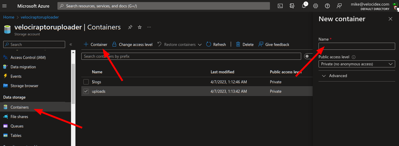 Creating a new Azure Blob storage container
