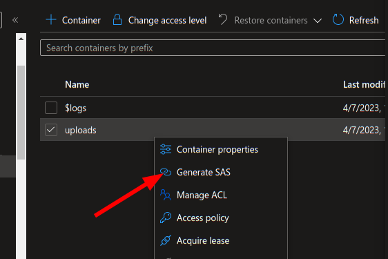 Right click on the container to generate a SAS policy