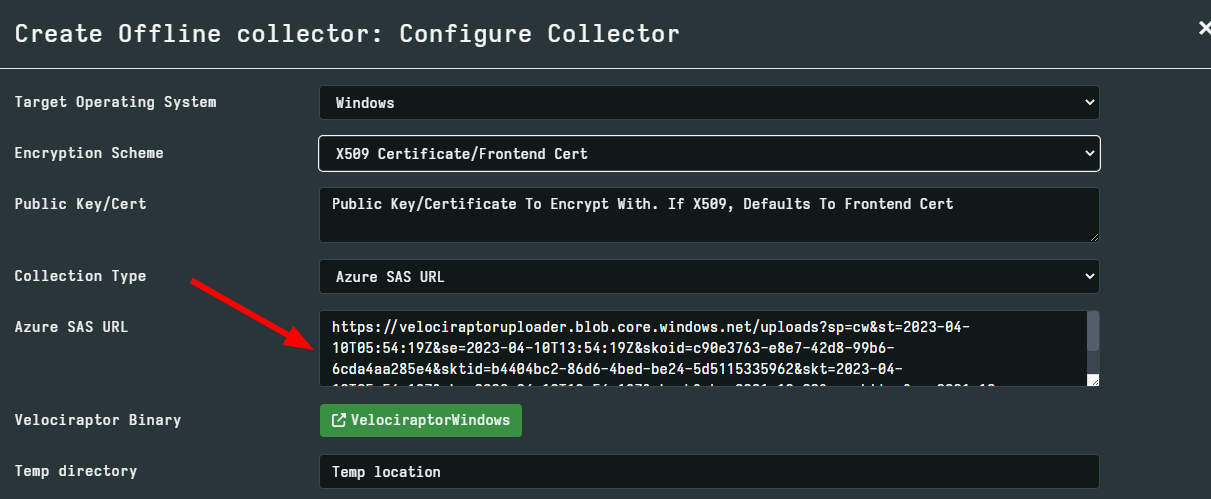 Simply paste the SAS URL in the collector GUI