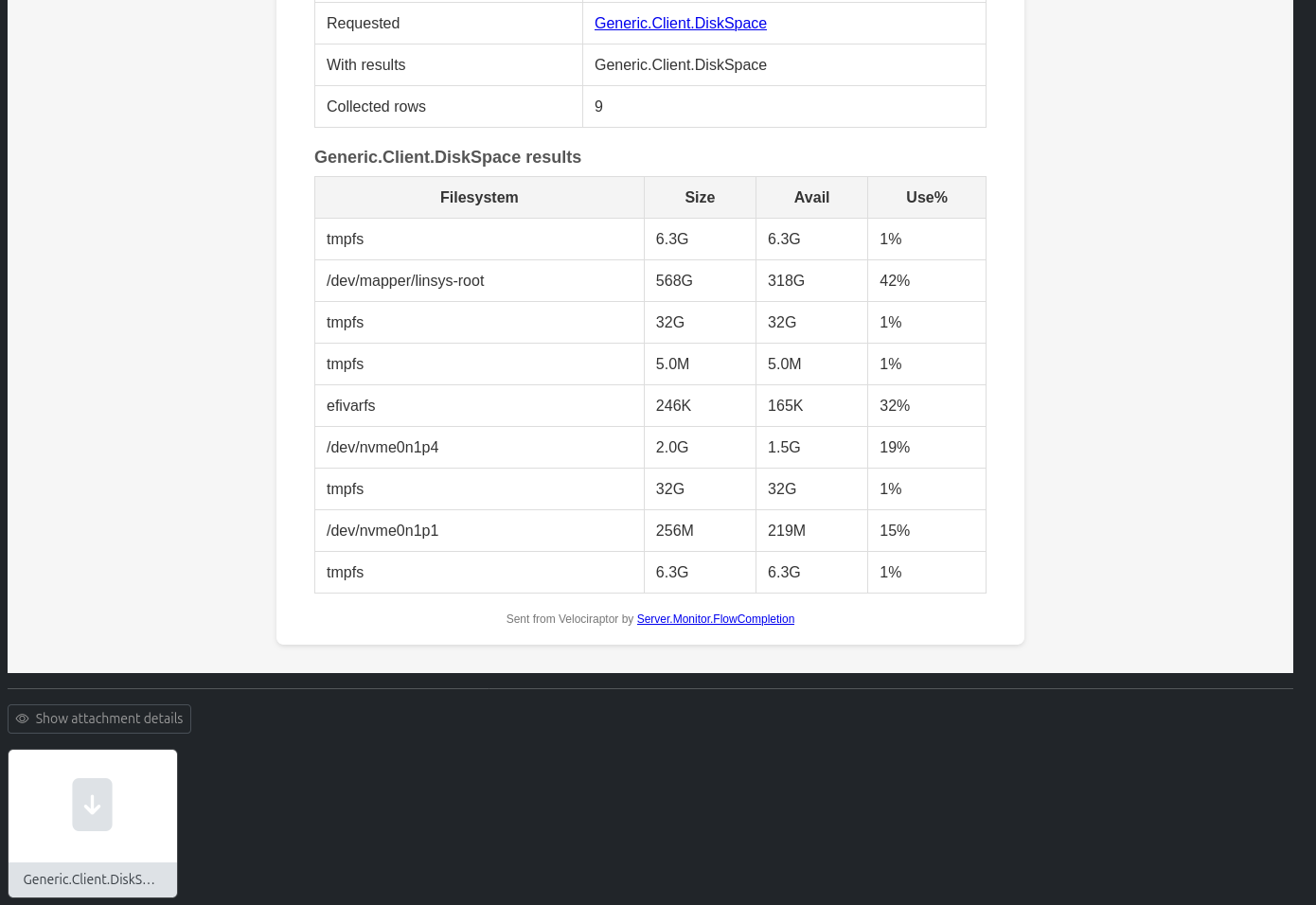 DiskSpace results inline plus a JSONL attachment, viewed in Mailpit