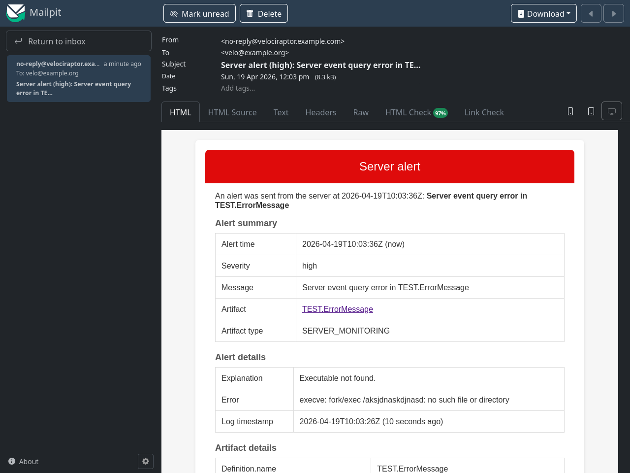 Mailpit web UI showing a test e-mail from Velociraptor