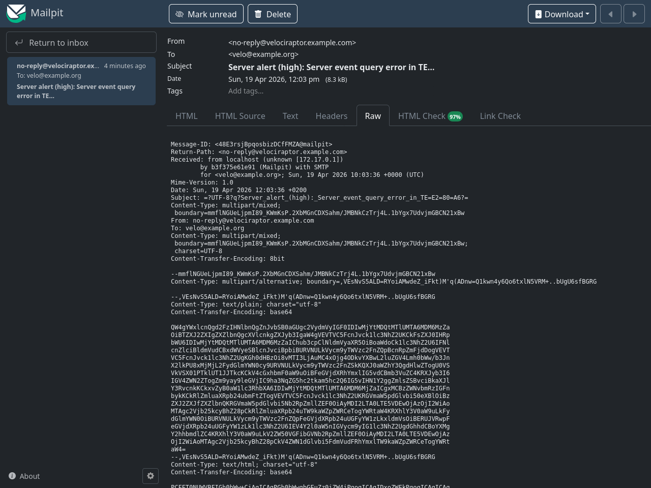 An e-mail viewed in its raw format in Mailpit