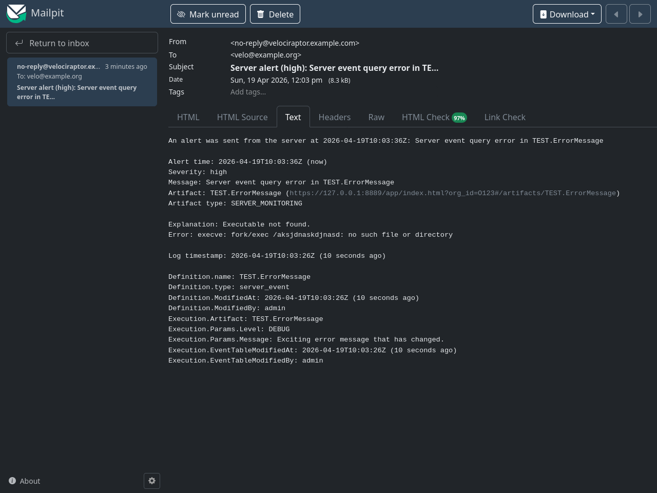 The plain-text version of the e-mail in Mailpit