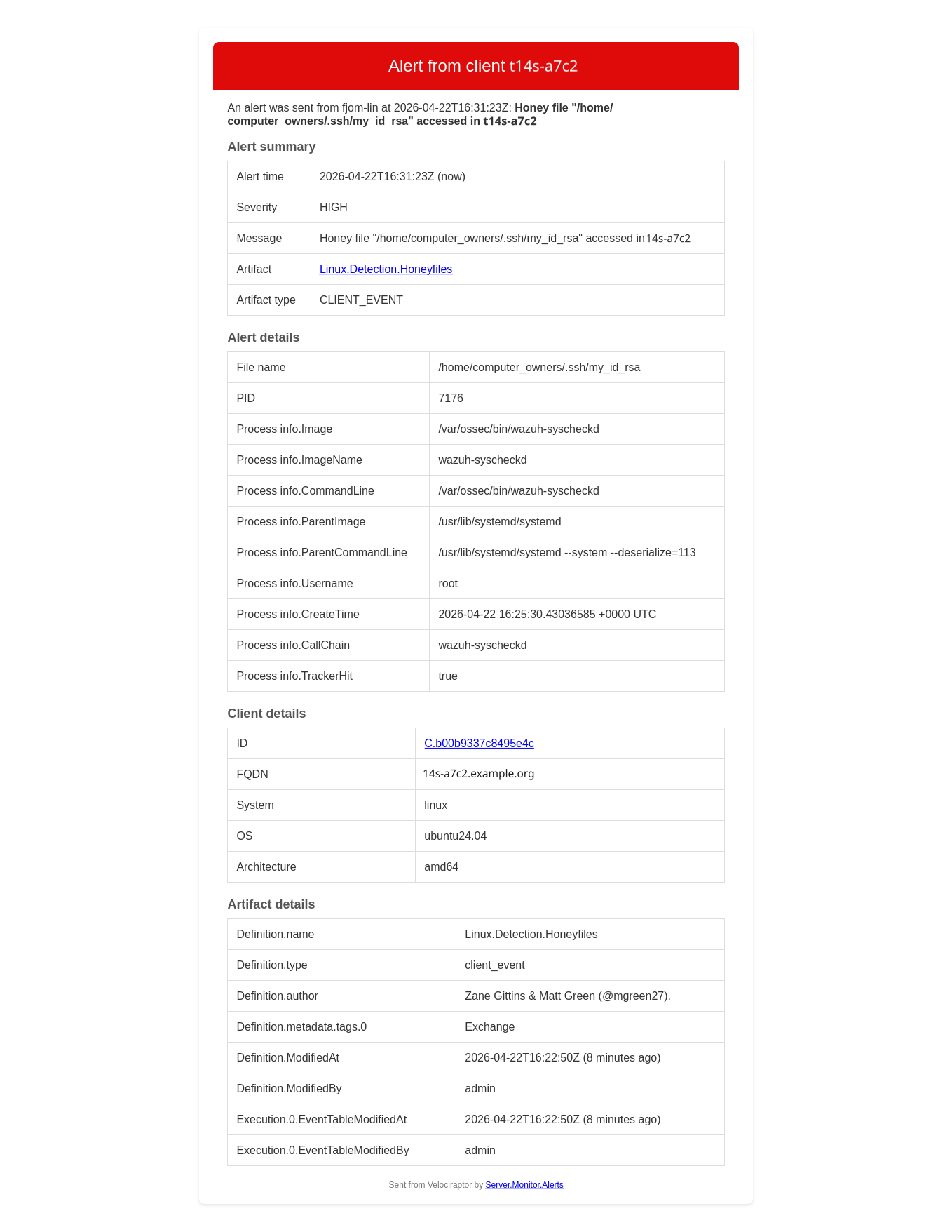 An SSH key accessed by Wazuh, triggering an alert